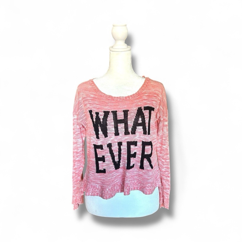 Say What? Women's Pink Knit Sweater M Whatever Graphic Scoop Neck Y2K 2000s